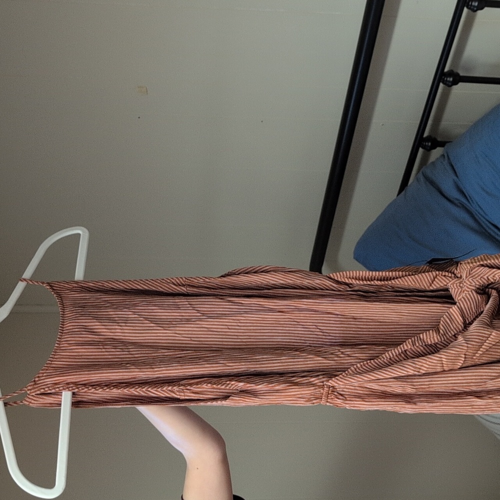 Lulus Amalfi Muse Rust Brown Striped Cutout Faux Wrap Midi Dress$59.00M / Rust